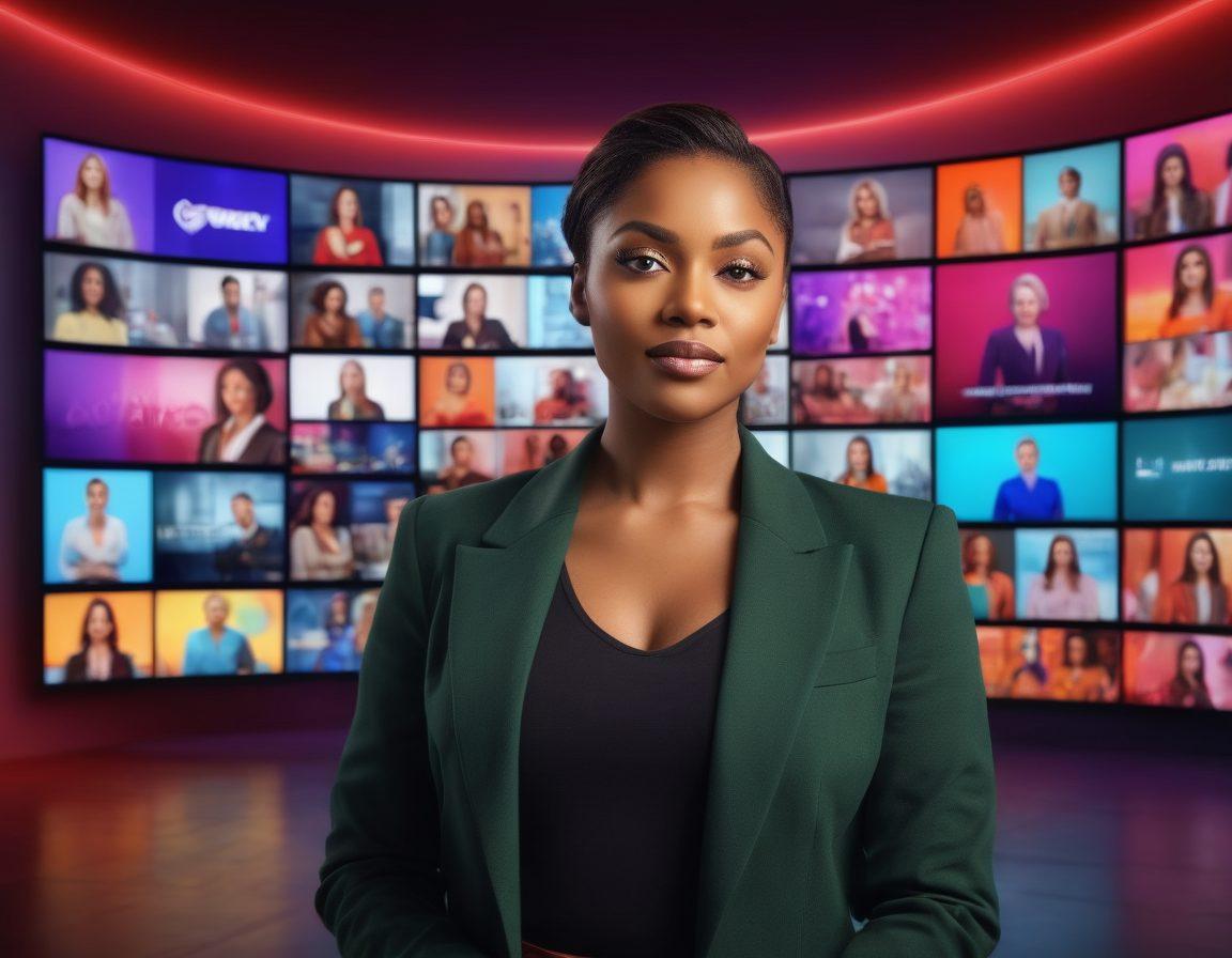 A powerful female influencer confidently standing in front of a large TV screen displaying a vibrant collage of diverse women in leadership roles within the cable industry. Surrounding her are elements of love stories, like heart-shaped visuals, transitioning into charts of success, showcasing the evolution of their influence. The background features a modern, high-tech studio with colorful lighting that emphasizes empowerment and transformation. super-realistic. vibrant colors. 3D.