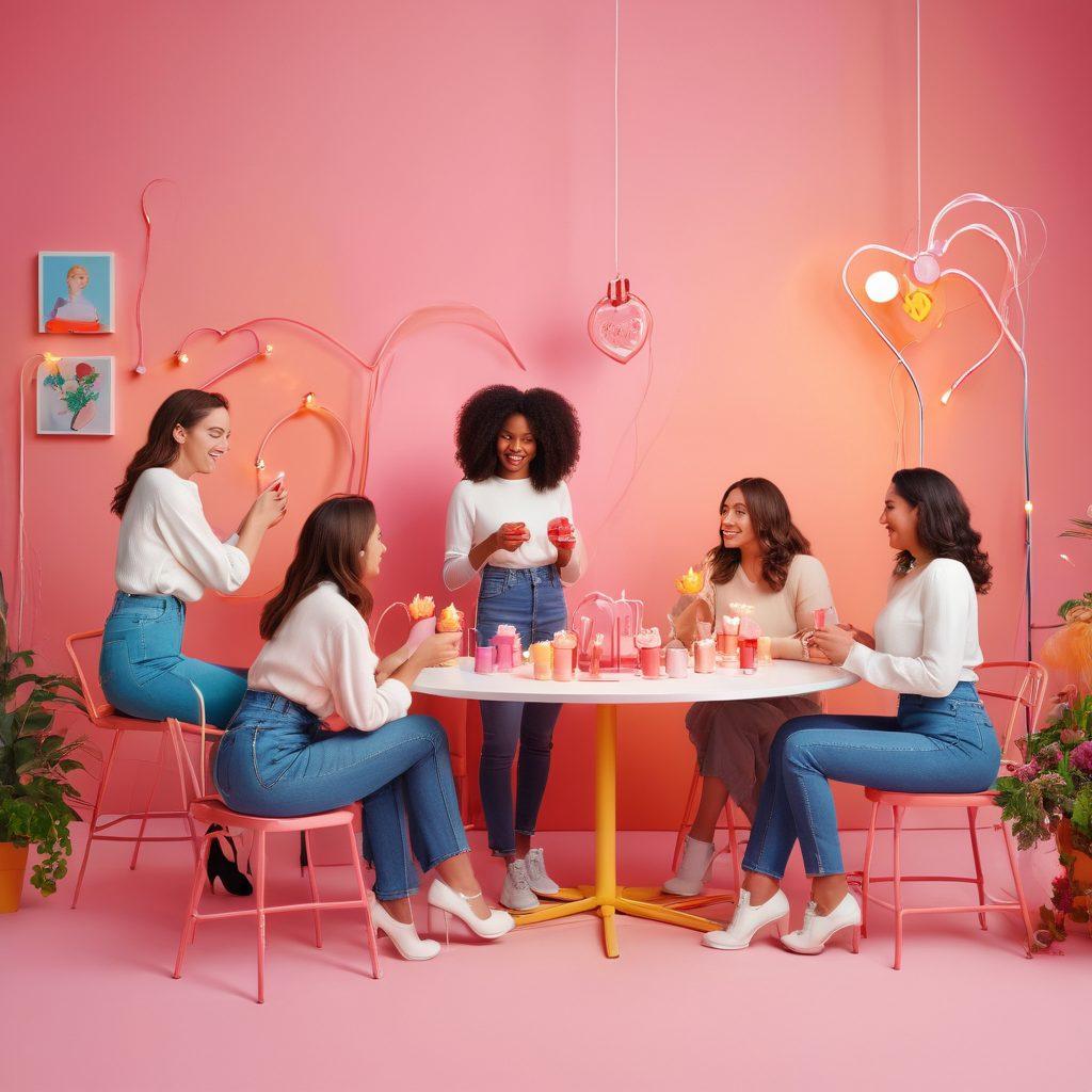 A whimsical scene featuring a diverse group of female influencers in a vibrant studio setting, engaging in playful activities related to romance, like lighting heart-shaped candles and arranging flowers. The background includes cable industry elements, such as colorful cables and cameras, blending with soft pastel colors. The atmosphere is warm and inviting, sparking feelings of affection and entertainment. playful illustrations. bright colors. 3D.