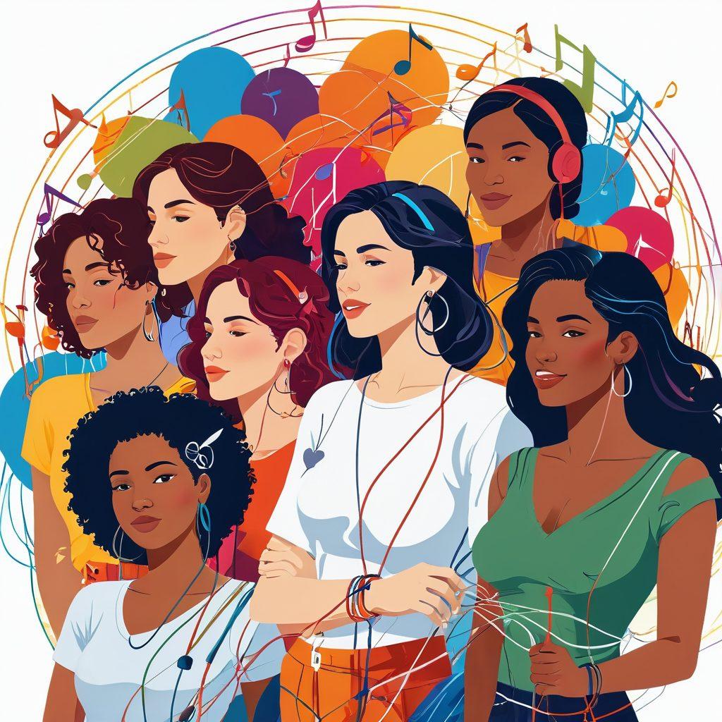 A vibrant landscape depicting women connecting through cables symbolizing affection and entertainment, surrounded by colorful elements like music notes and film reels. In the background, a diverse group of empowered women stands confidently, embodying themes of strength and unity. The composition blends warm colors to evoke a sense of community and passion. vector art. vibrant colors. white background.